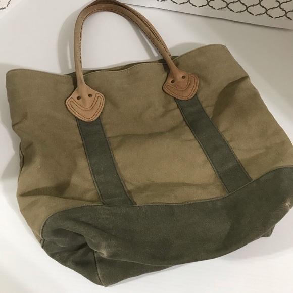 L.L. Bean Handbags - LL Bean Leather Handles Tote Bag Canvas Plaid Lined Brown Green Boat Vintage